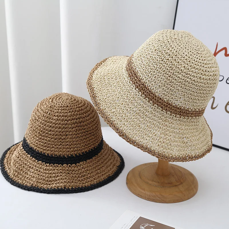 New Summer Foldable Straw Crochet Bucket Hat For Women Outdoor Sunshade Fisherman Hat Fashion Lady Holiday Beach Hat Spring Gift