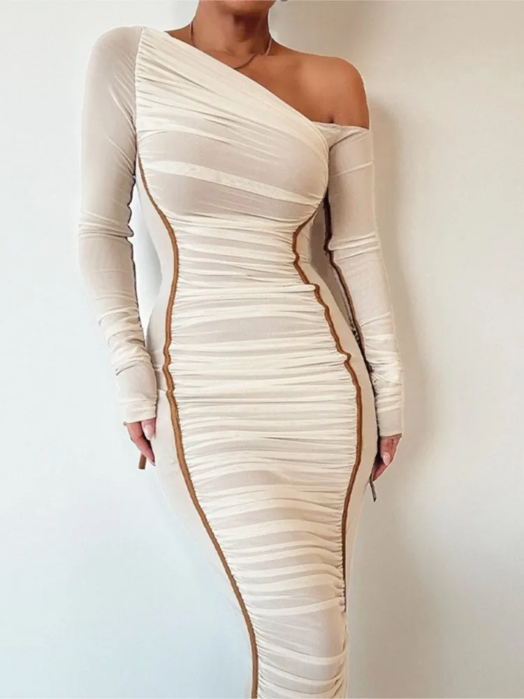 

Fashion Mesh Patchwork Slim Midi Dress Women Sexy Backless Slant Collar Folds Package Hip Bodycon Club Party Long Dresses Trendy