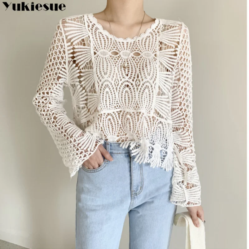 

Long Sleeve Loose Spring 2023 Temperament Blouses Women Knitted Vintage Daily Students Solid Hollow Out Female Tops Retro Korean