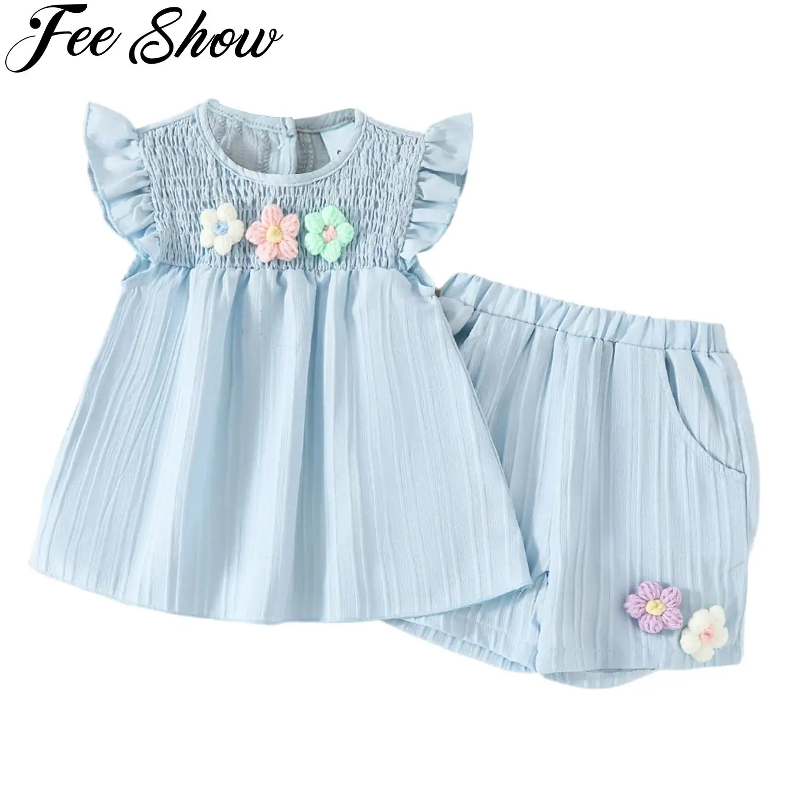 Baby Girls Short Sets Cute Flowers Embellished Tops with Elastic Waistband Pockets Shorts Toddler Summer Holiday Clothes Outfits