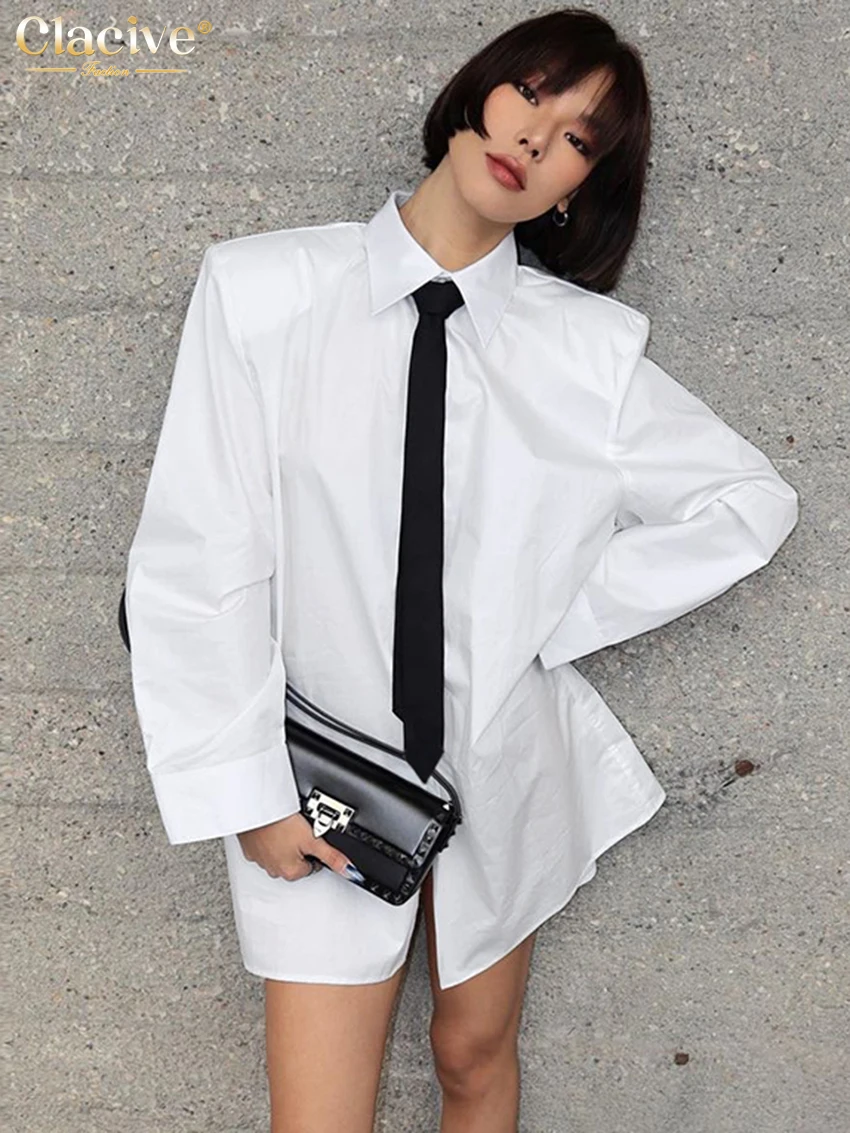 Clacive Fashion Loose White Cotton Dress Ladies Casual Lapel Long Sleeve Mini Dress Elegant Tie Solid Dresses For Women 2024