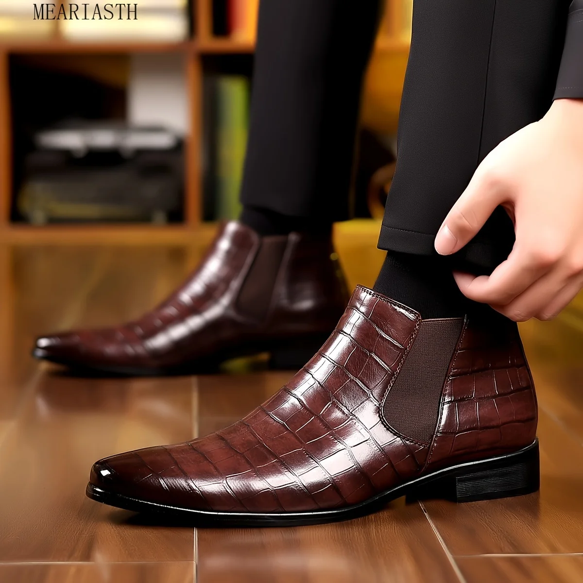 PLUS TAGLIA Stivaletti Chelsea da uomo alla moda con motivo scozzese con tomaia in pelle PU Stivali eleganti slip on resistenti all'usura per le imprese