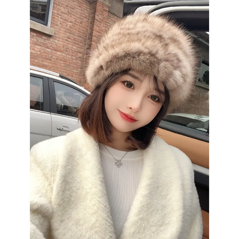 sable fur hat women's winter new thickened thermal ear protection  mink hair round hat mink woven hat