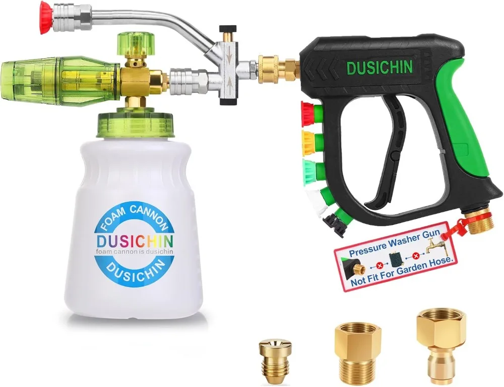 Kit de canhão de espuma para pistola de lavadora de pressão com 5 pontas de bico, válvula de conector duplo, conexão rápida de 1/4 de polegada para lavagem de carro