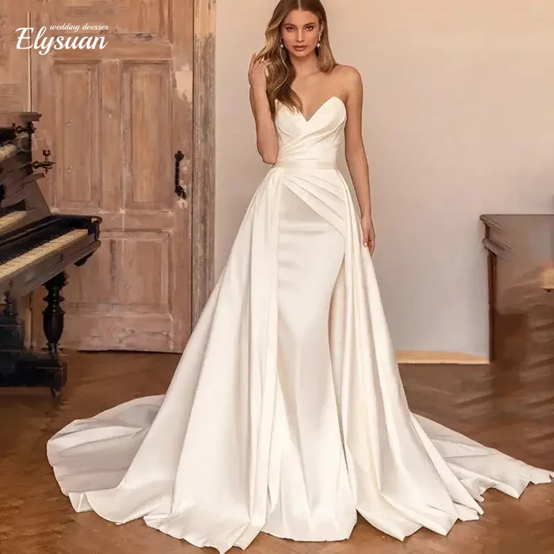 Gaun Pengantin Model Putri Duyung Sederhana Tanpa Lengan Bahan Satin, Dapat Dilepas Pasang, 2 in 1, Customized2, Vestido De Noiva