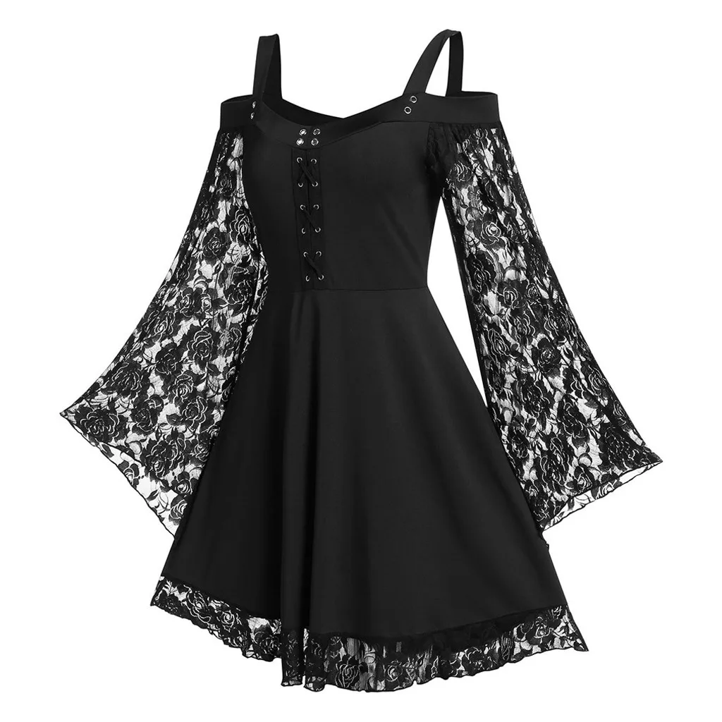 Sling Lace Insert Cold Shoulder Women Casual Dress Flare Sleeve Plus Size Female Elegant Sexy Dresses Party Holiday Vestidos