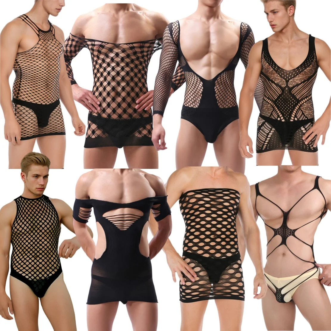 Men Mesh Fishnet Bodysuit Lingerie See Through Hollow Out Jumpsuit Sexy Transparent Mesh Body Nightclub Party Male Underwear