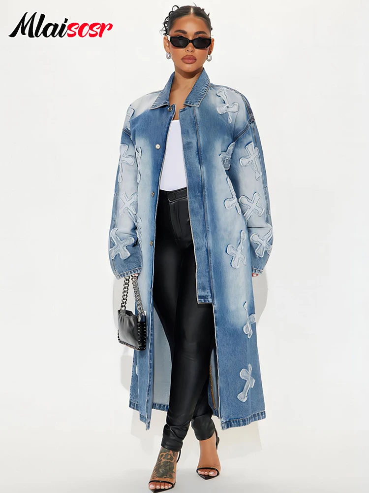 

Mlaiscsr Elegant Blue Denim Windbreaker Coats with Bandage Women Streetwear Cross Embroidery Jean Long Jacket Winter Cardigans