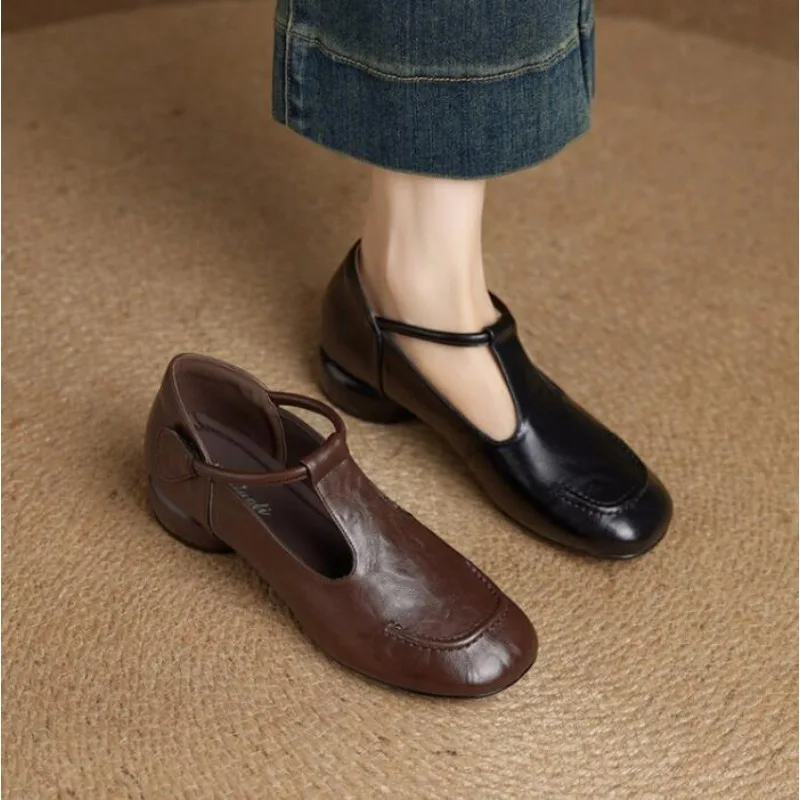 34-43 Spring Autumn Genuine Leather Women's Shoes Low Heel Deep Mouth Single Shoes Women Round Toe Not Tired Feet Soft Comfort