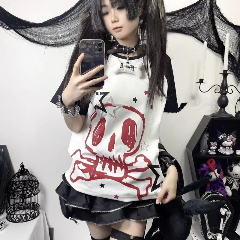 Camiseta de manga corta empalmada de estilo japonés 2k, novedad de verano, top estampado a la moda para mujer