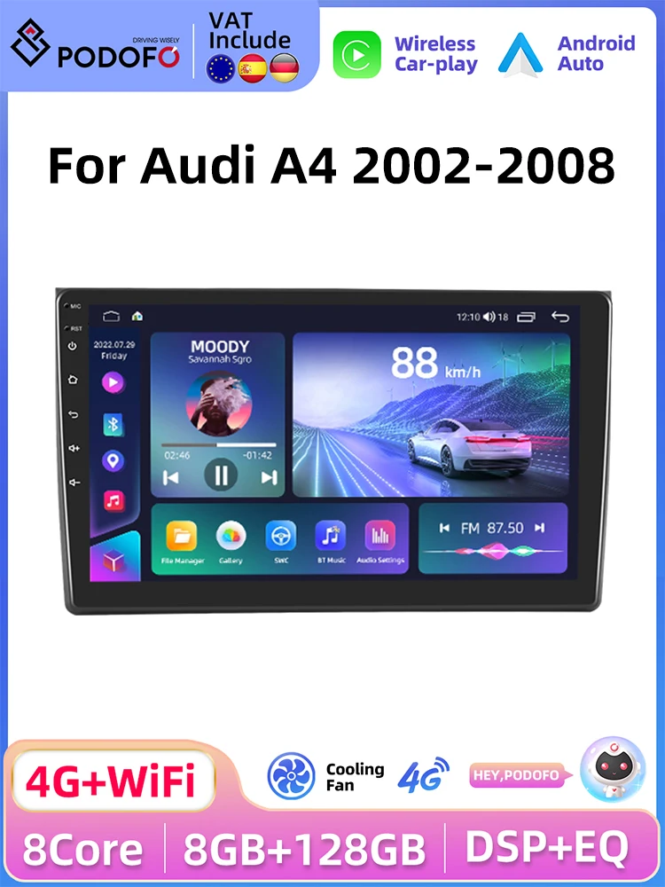 Podofo 4G CarPlay Android Radio For Audi A4 2002-2008 Car Multimedia Player GPS Stereo 2din Head Unit Intelligent RDS autoradio