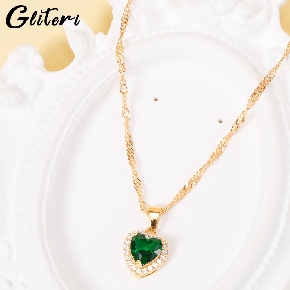 GEITERI Trendy Colorful Heart Pendant Necklaces For Women Girls Gold Color Copper Zircon Love Necklace Jewelry Anniversary Gifts