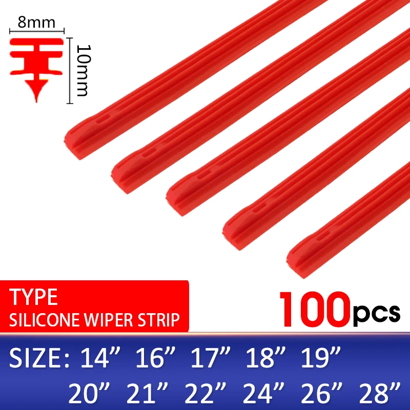 BEMOST 100PCS Car Wiper Blade Windscreen Red Silica Gel Replacement Strip 8MM 14