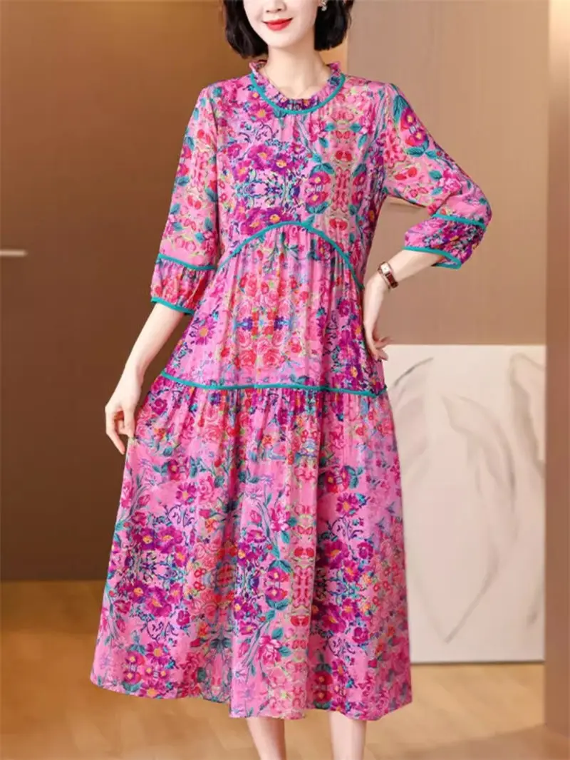 

Mulberry Silk Women's Dress 2024 Spring/Summer New Mom's High End Fashion Loose Floral Printed Elegant Large Size Dress Z4526