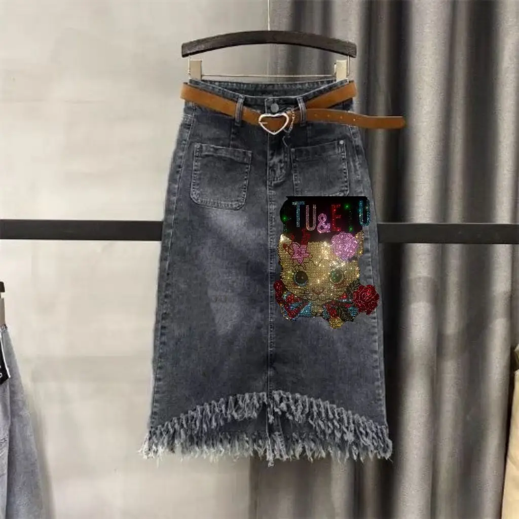 

Джинсовая юбка Ele Blaey с крупными стразами, женская, с высокой талией, А-силуэт, миди, для повседневной носки