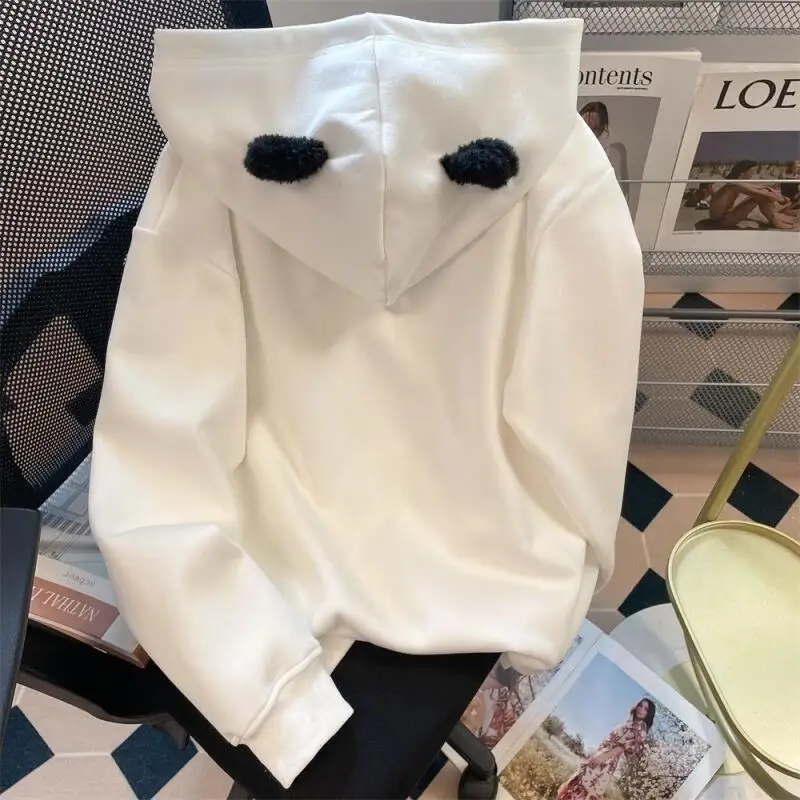 Felpa con cappuccio ricamata con gattino Kawaii Felpa in due pezzi finta patchwork scozzese bianco da donna Y2K Top streetwear casual simpatico cartone animato