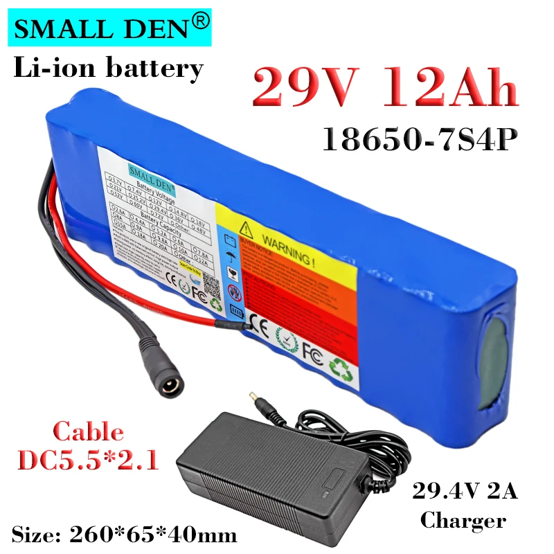 

29V 12Ah 18650 Lithium ion battery pack 7S4P 0-450W built-in BMS For 29.4V Electric vehicles bicycle Mower wheelchair+2A Charger