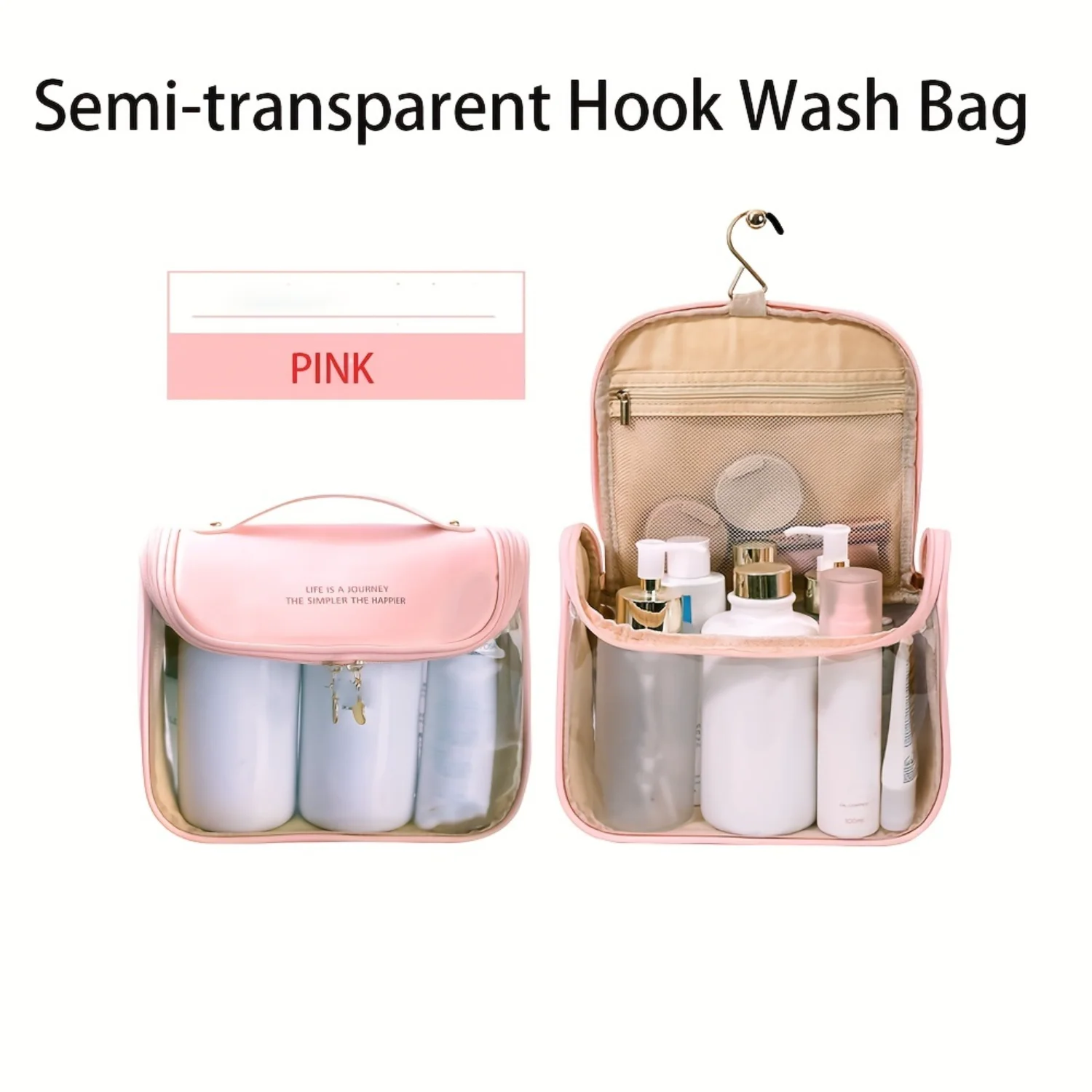 Transparent PVC Carry-on Cosmetic Bag, PU Leather, Travel Toiletry Bag, Large Capacity, Hanging  With Hook