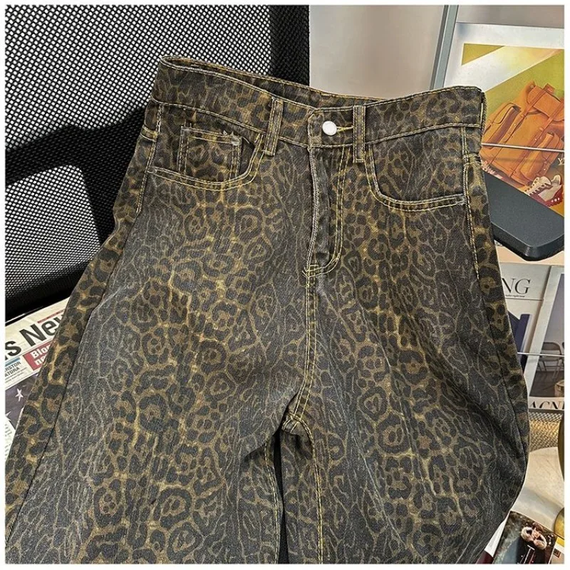 Y2k Retro Fashion Leopard Print Jeans for Women High Waisted  Streetwear Denim Pants Hip Hop Straight Wide Leg Baggy Jeans