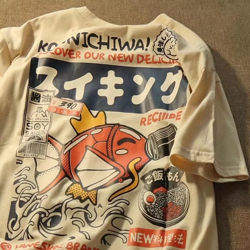 2026 nova quente pai-filho roupas de verão ins harajuku japonês carpa camiseta masculina maré marca rua solta casal topos roupas