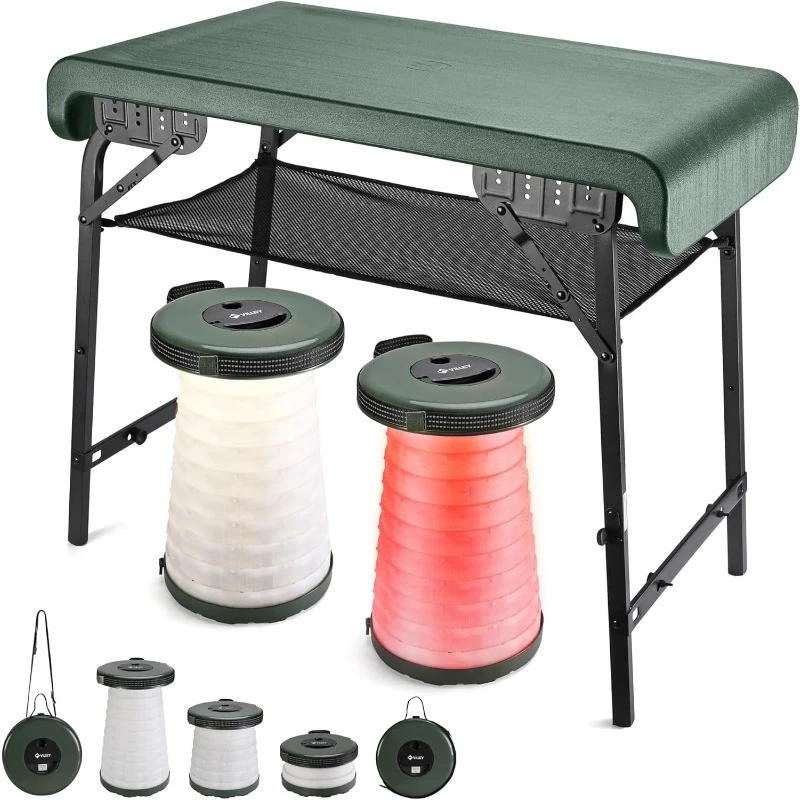 Camping Table And Collapsible Stools Set Lightweight Foldable Beach Table With 2 Portable Stools And Mesh Layer Perfect