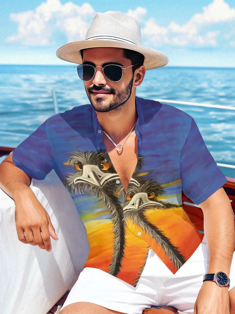 Summer Hawaiian Shirt Fashion Ostrich Print Tops Beach Fashion Men Shirt Party Streetwear Shirts Short Sleeve Male Clothes