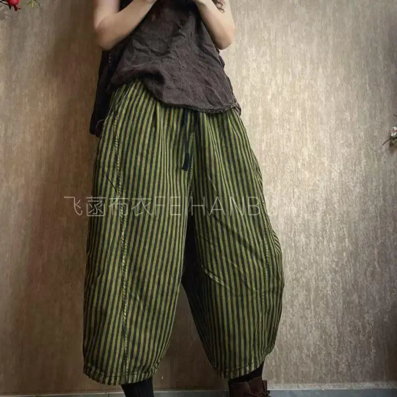 

Новинка 2026: Весенние женские брюки в стиле арт-кэжуал с эластичным поясом, длиной до щиколотки, свободные, винтажные, в полоску, из хлопка, модель F79