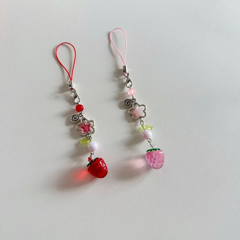 Sweet Y2K Cute Strawberry Mobile Phone Lanyard Lovely Fruits Pendant for Girls Aesthetic Cellphone Keychain Jewelry Gift