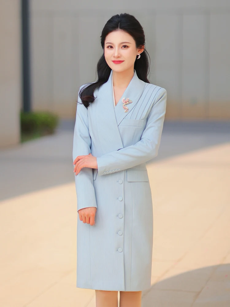 

Полиэстеровая длинная юбка H-образного силуэта Sweet Goose's Premium Blue Suit Collar Dr Host on Air Dr Commute с пуговицами