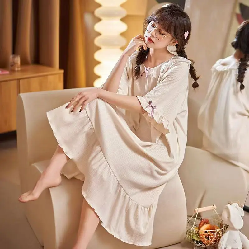 Spring Summer Lady Lace Casual Nightgown Girls Short Sleeves Bar Pad Bow Pajama Woman Skimpy Loose Indoor Knee Length Loungewear