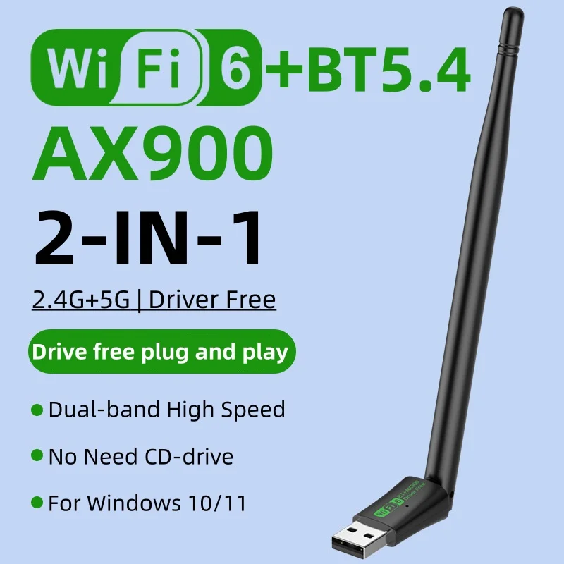 AX900 WIFI6 USB Adapter 600Mbps Bluetooth 5.4 Dual Band 2.4/5G Drive Free Network Receiver, Suitable for Computer Windows 10/11