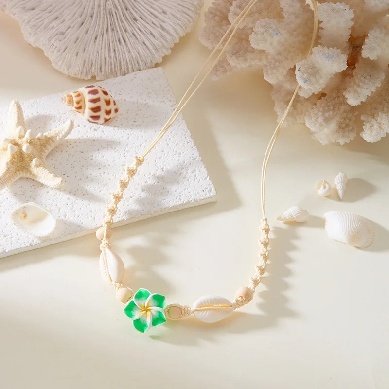 

Adjustable Bohemia Conch Beads Braided Necklaces for Women Pink Green Cute Flower Choker Hand Woven Summer Beach Party Jewelry