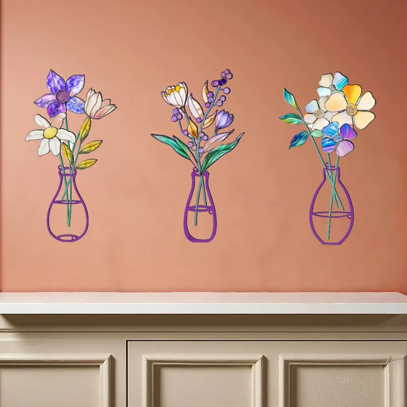 Bohemian Floral Metal Wall Decor Trio, Modern Botanical Art Panels for Ceiling, Accent Wall, Reusable Removable for Young