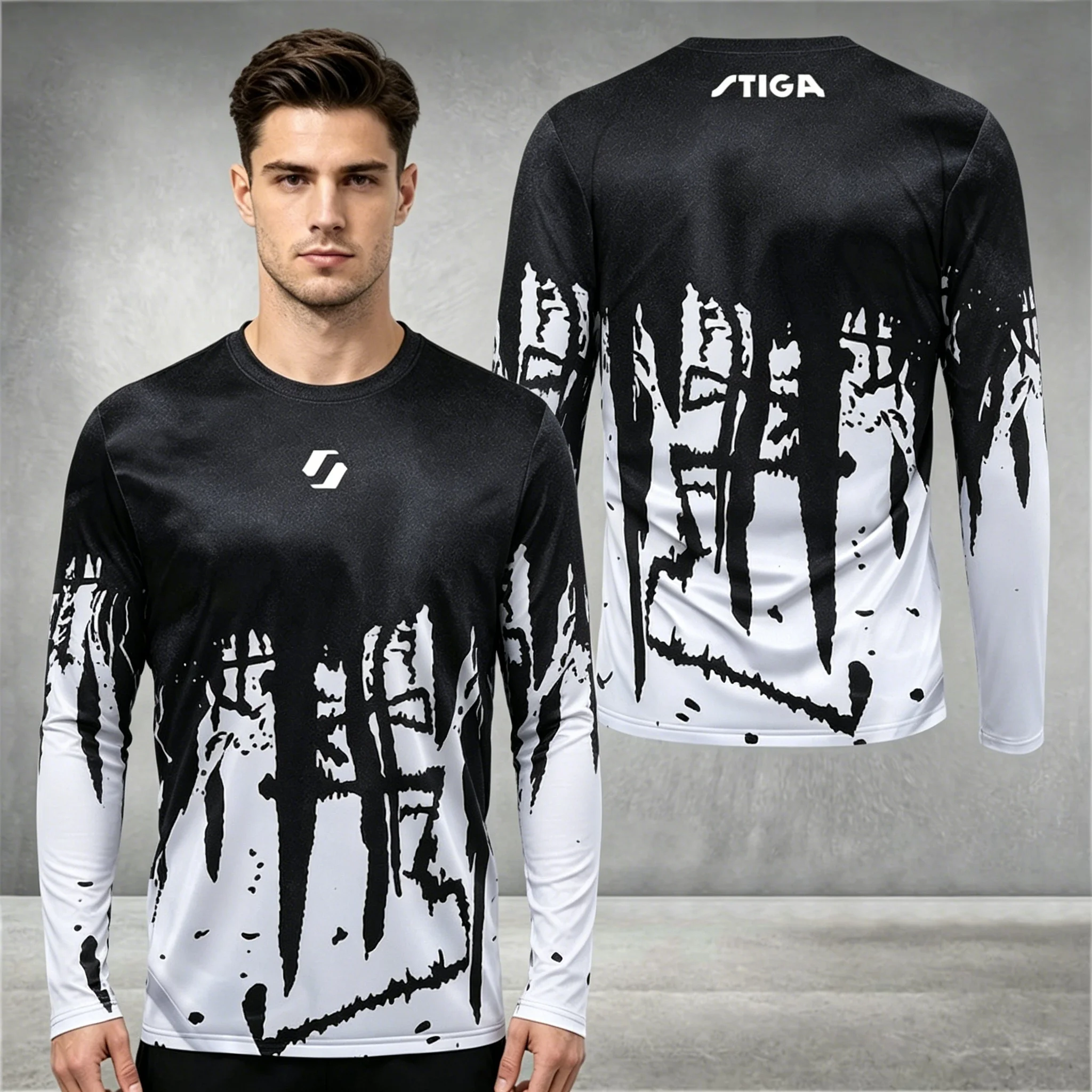 Men's Sports Long-sleeve T-shirt Round Neck Abstract Print Breathable for Table Tennis & Casual Wear