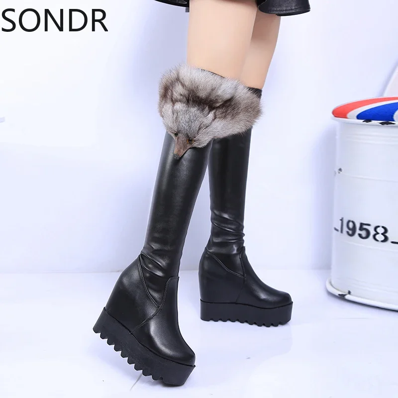 Womens Real Fox Fur Over The Knee Boots Wedge High Heel Platform Shoes Warm Winter Stretchy Black Laides New 2024