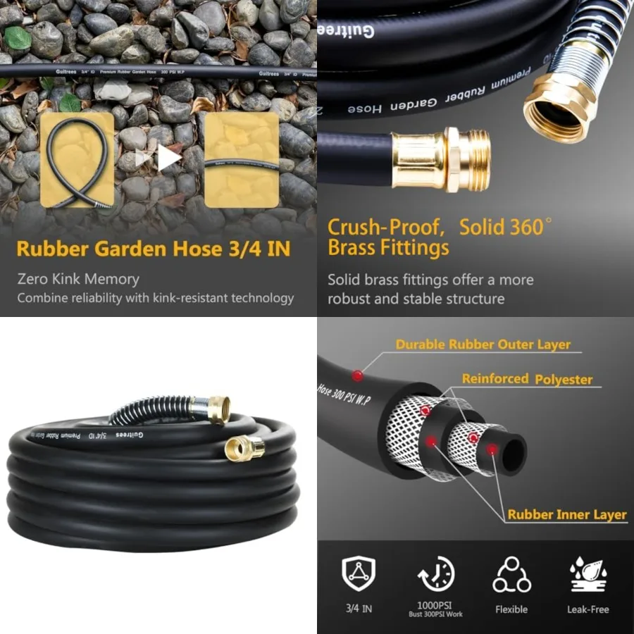 

25Feet 3/4 Heavy Duty Rubber Garden Hose - 300psi Working, 1000psi Burst - Hot/Cold Water - Five-Laye Braiding for Durability -