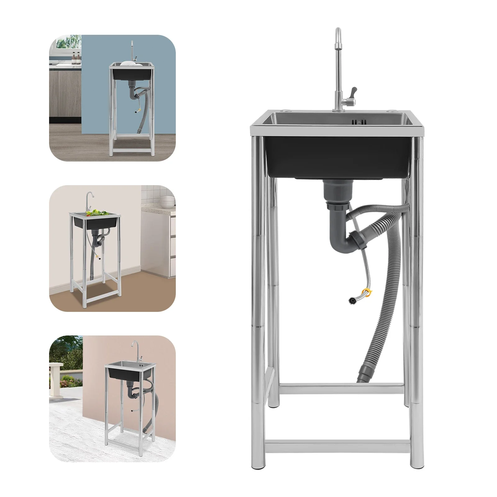 

Stainless Steel Single Basin Kitchen Sink Free Standing Single Bowl w/Water Pipe for Laundry Room Bathroom Farmhouse