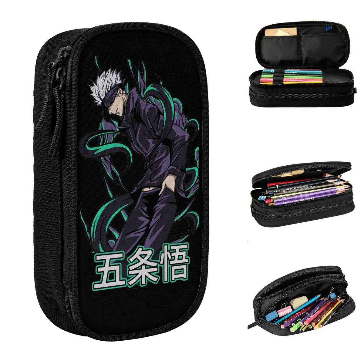 Estuche de lápices JJK de hechicero de seis ojos, Gojo Satoru Jujutsu Kaisen, portalápices, bolsas de gran capacidad, suministros escolares, papelería