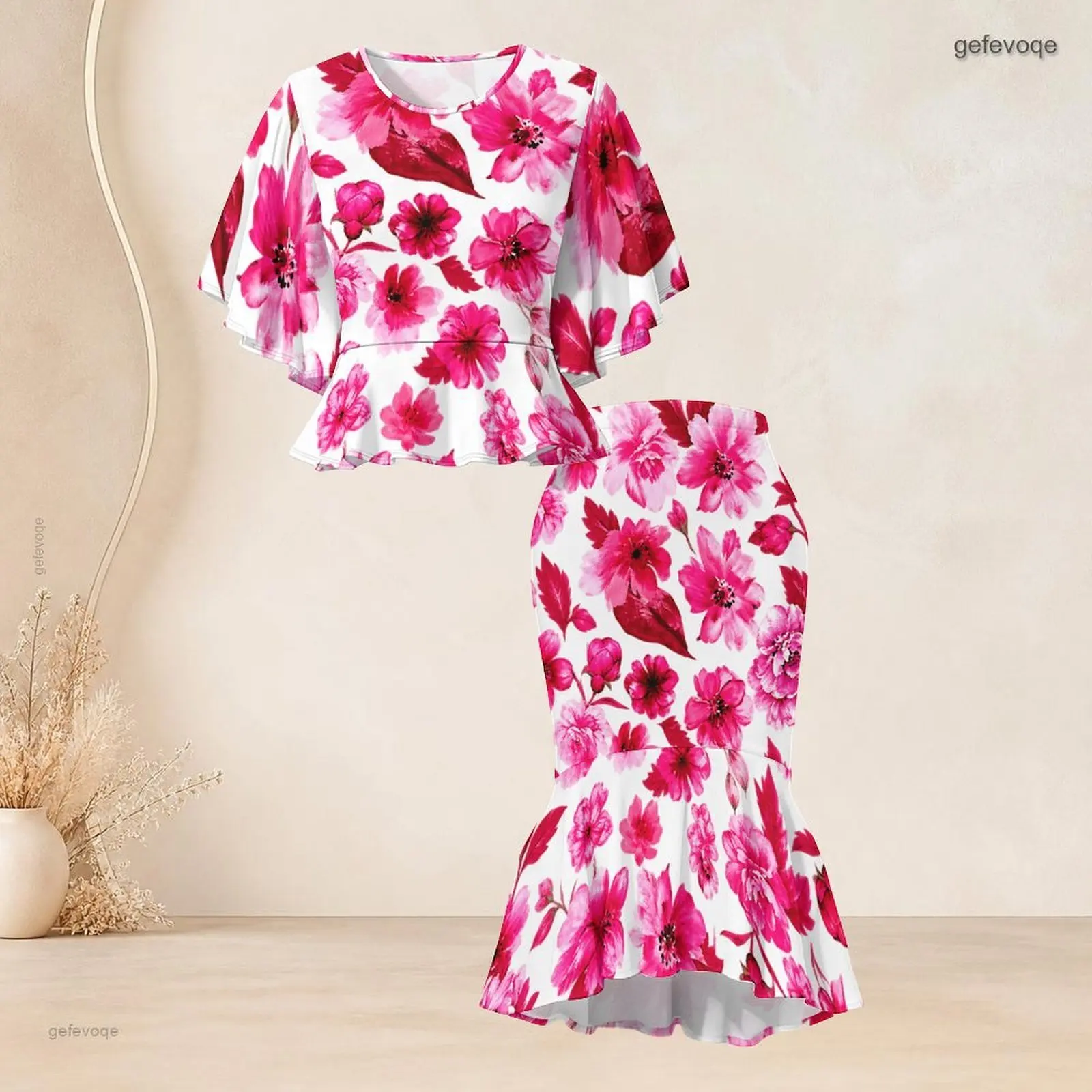 Women Printed Skirt Set Batwing Sleeve Ruffle Hem Top Fishtail Skirt Two Piece