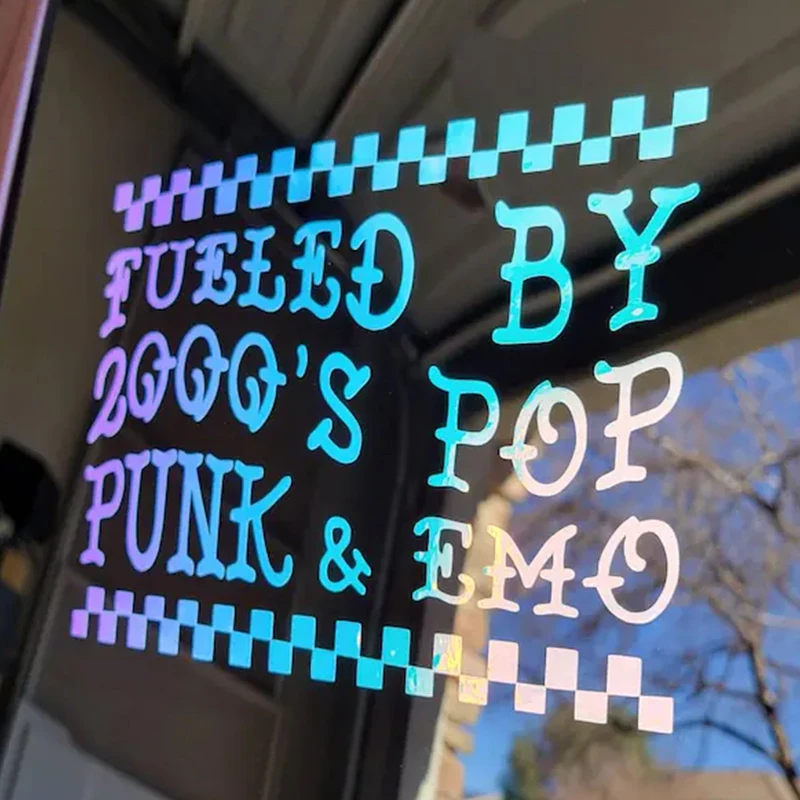 Fueled By 2000s Pop Punk & Emo Checkerboard Border Vinyl Car Sticker Y2K Aesthetic Waterproof Window Bumper Fan Decal