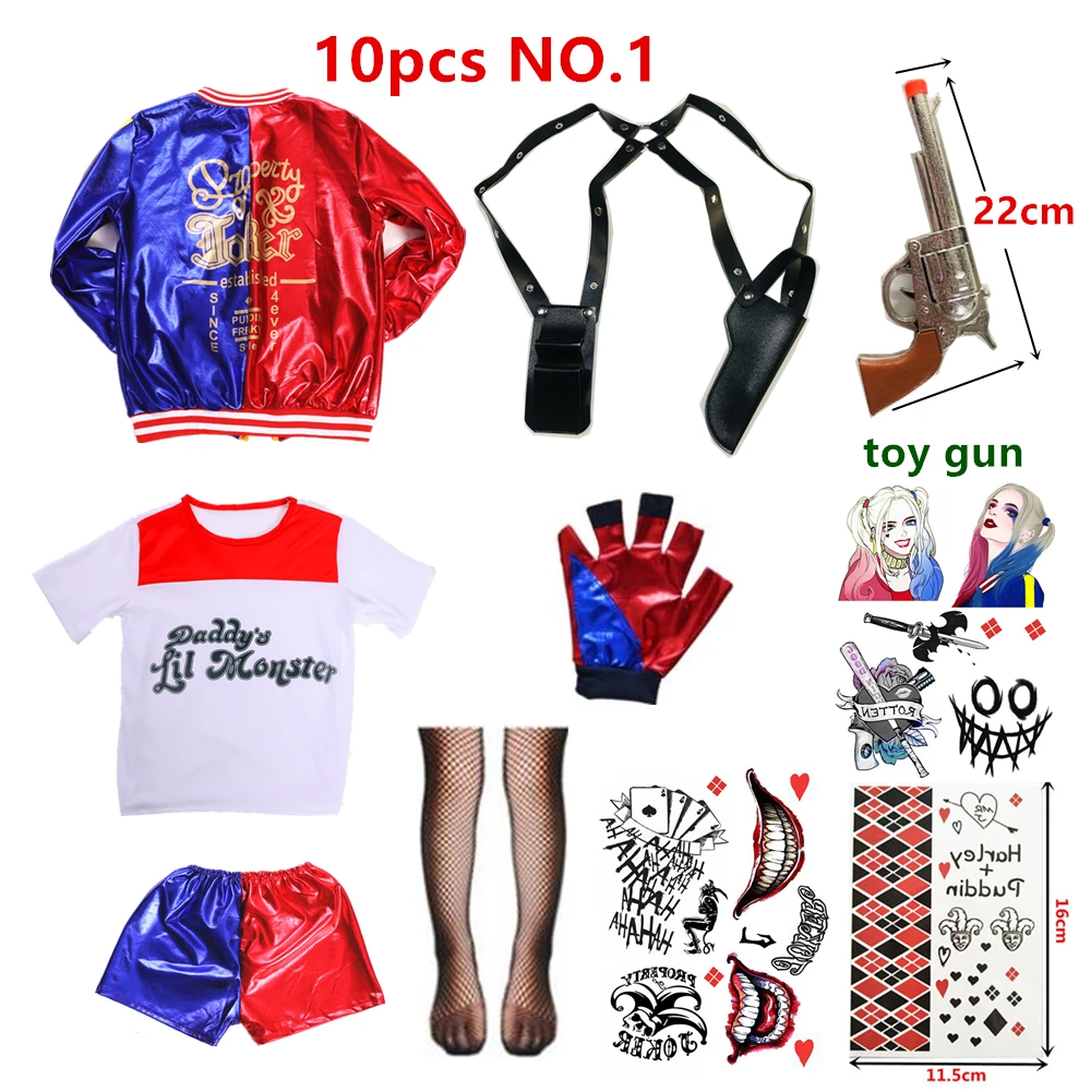 Costumes de carnaval d'halloween Harley, Cosplay Harleen Quinzel pour enfants filles t-shirt Joker veste cadeaux de fête