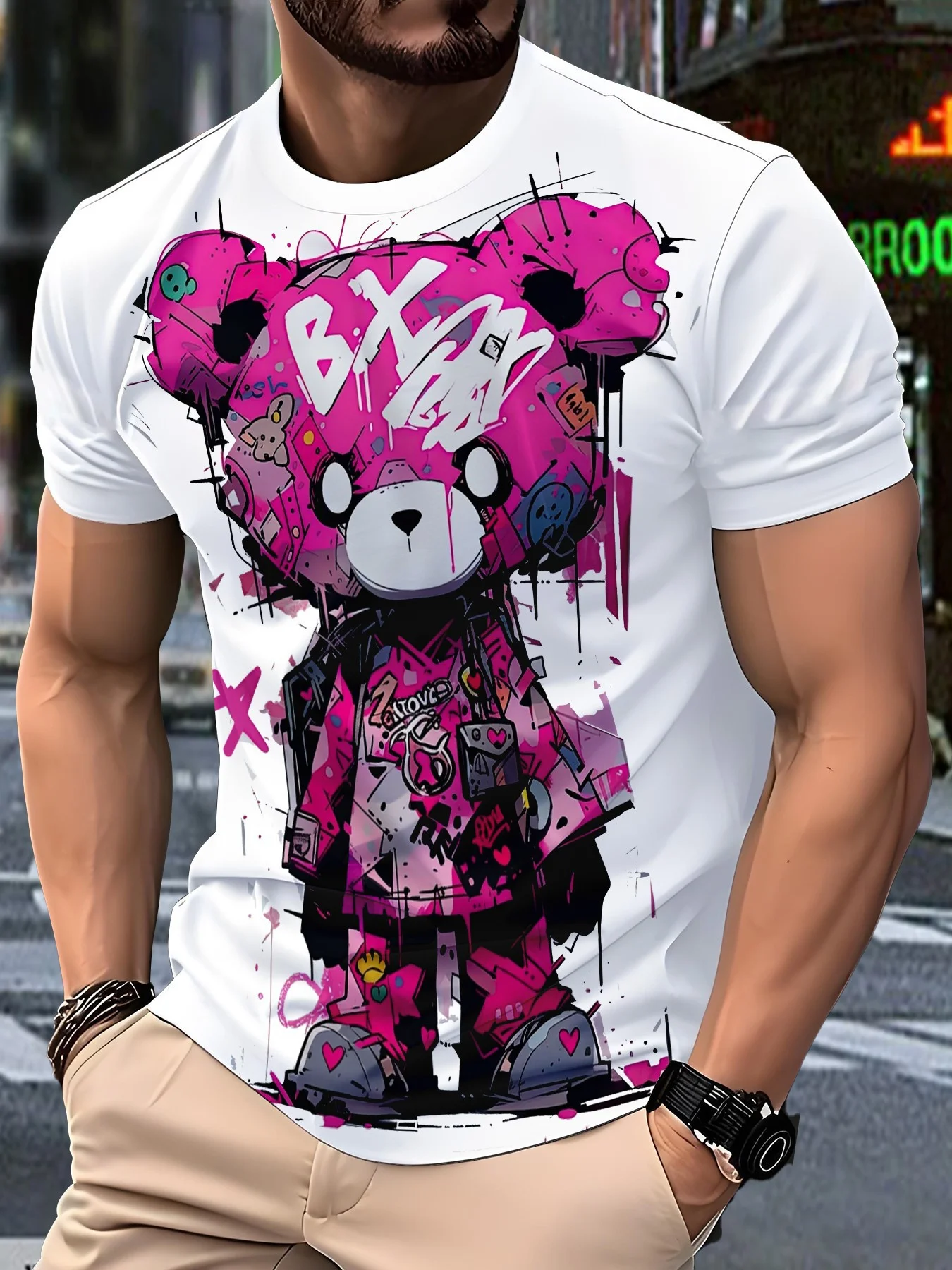 Vintage Urban Fashion - 男性夏の漫画 3D プリント Tシャツラウンドネック特大半袖 Tシャツヴィンテージアーバンストリートトップス通気性カジュアルトップ