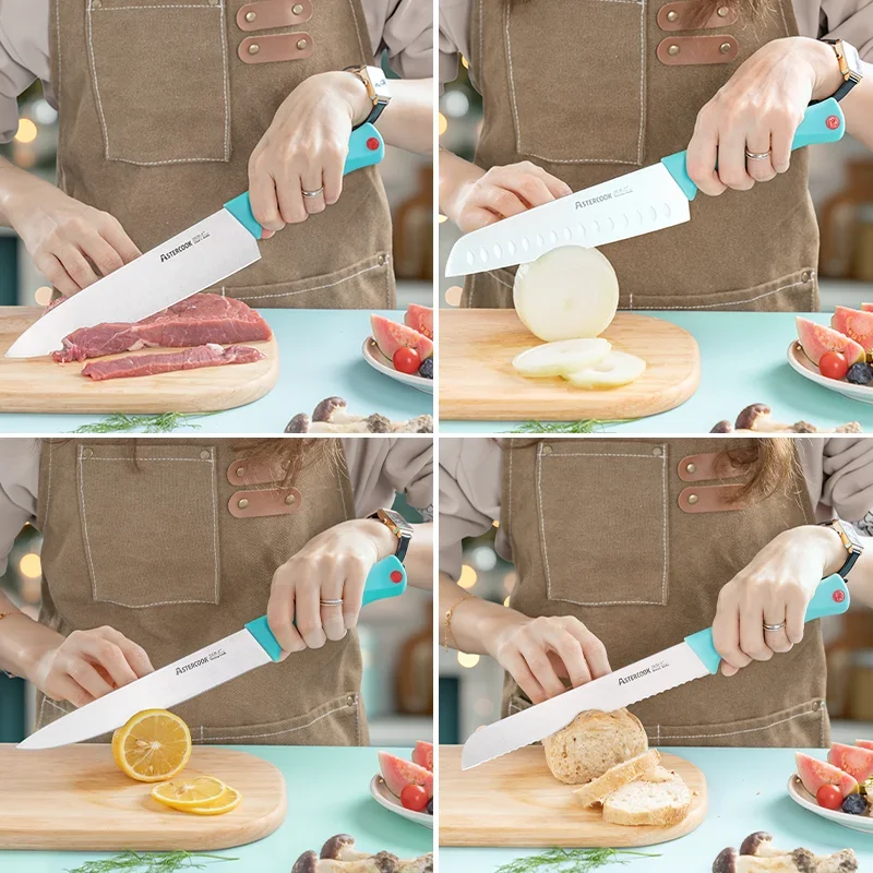 طقم مطبخ مكون من 14 قطعة، طقم مع كتلة مبراة مدمجة، آمنة للاستخدام في غسالة الأطباق، أزرق مخضر