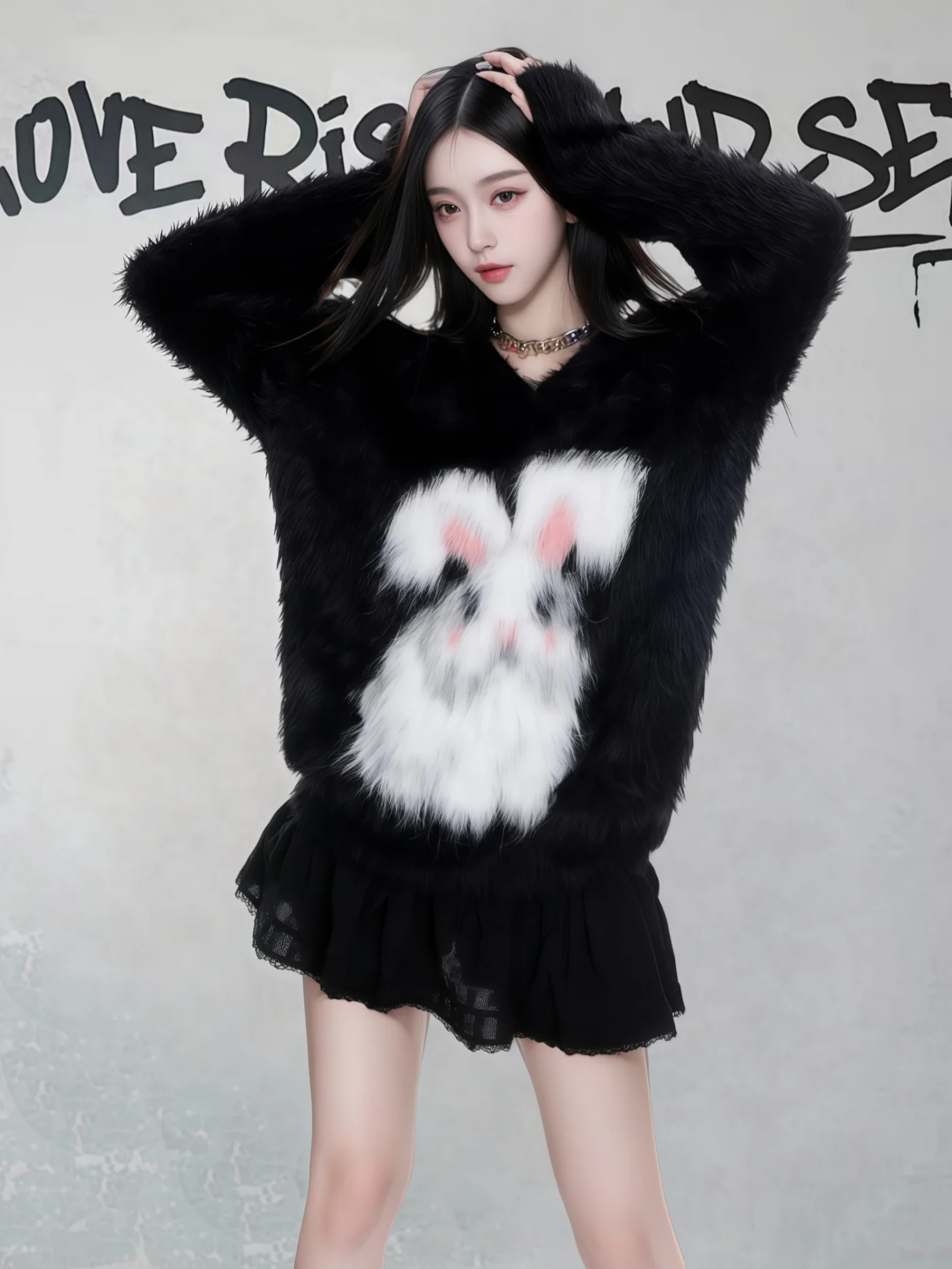 

Ladies Thiened Rabbit Fur Sweater Lazy Feng ui Sle Women's Autumn Winter Bla American Soft Loose Spicy Knitted Top