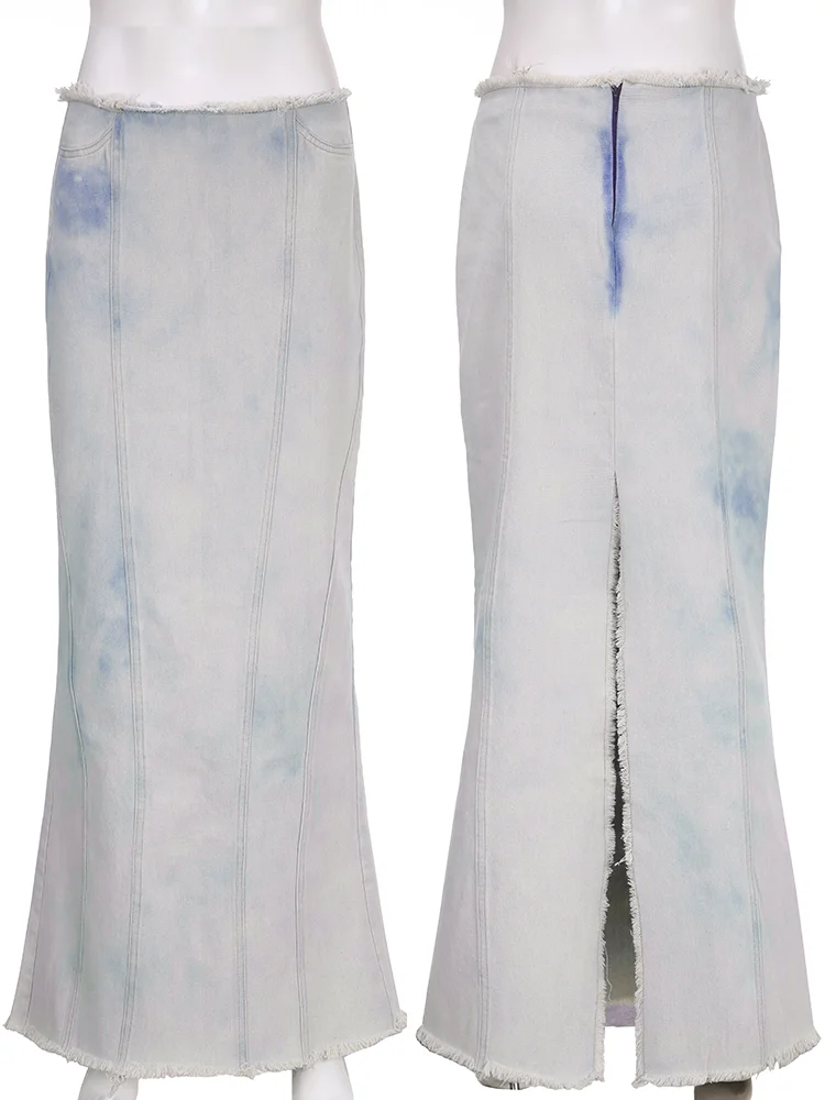 Rockmore Tie Dye Denim Lange Rok Vintage Vrouwen Grunge Fairycore Lage Taille Slits Maxi Rok Mode Femme Y2K Esthetische Outfits