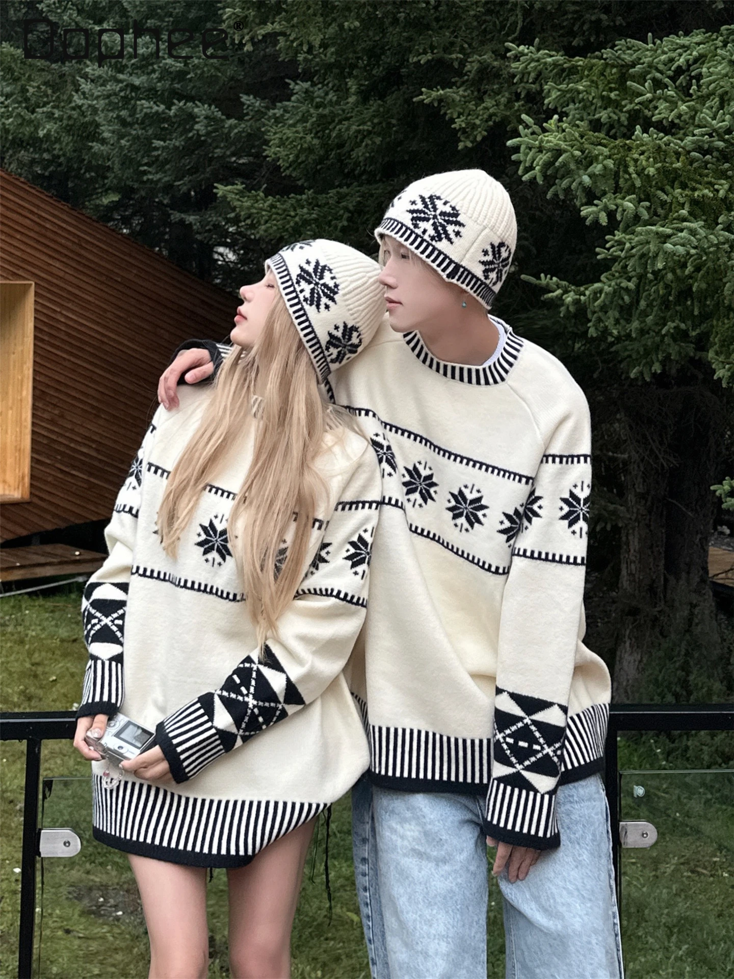 2025 خريف شتاء جديد الكورية نمط فضفاض عادية للجنسين المشمش الجاكار الجولة الرقبة طويلة الأكمام محبوك سترة