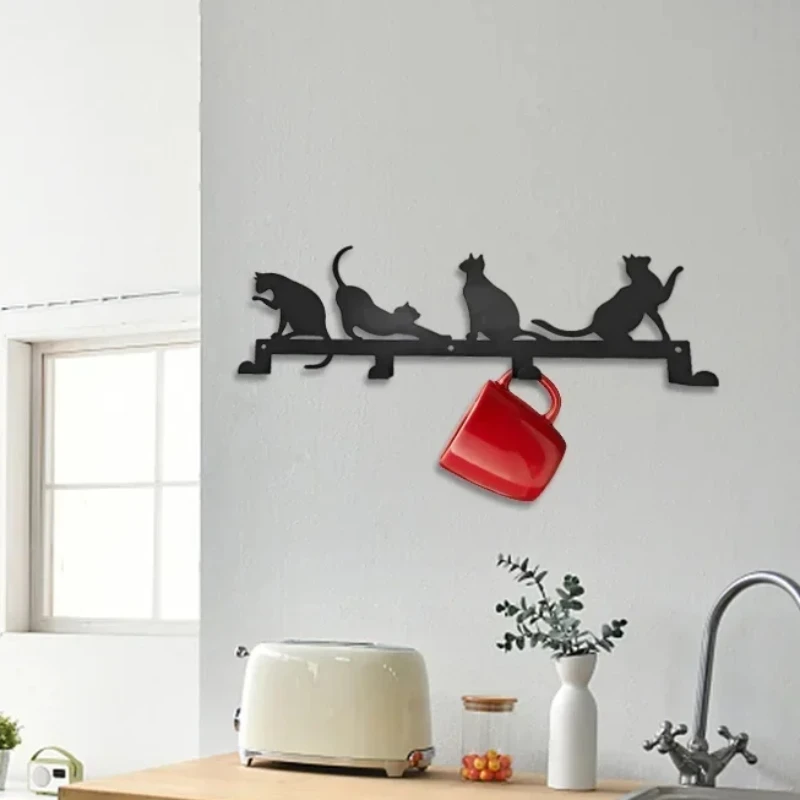 

Cute Cat Rustic Wall Coat Storage Rack With 4 Hooks, Metal Cup Rack Household Storage Organizer, Aesthetic Room Decor