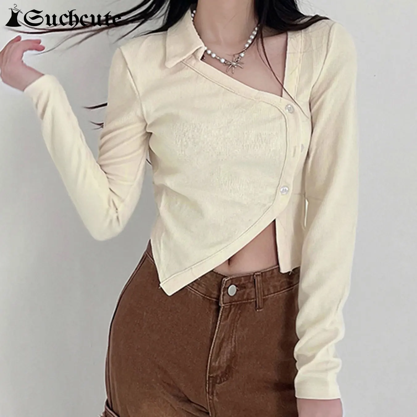 

SUCHCUTE Plus Size Women Asymmetrical Split Solid Pullover V-Neck Turn Down Collar Button Long Sleeve Top Y2K Chic Korean Autumn