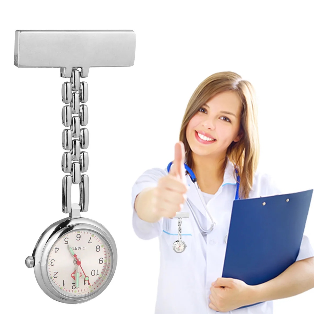 ساعة جيب بتصميم بسيط، عقارب فضية مضيئة، مشبك دبوس أمان للجسم من سبائك الزنك لممرضة الطبيب، ساعة جيب لارتداء الصدر #3