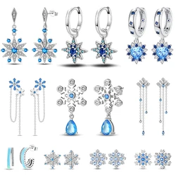 Women's 925 Sterling Silver Shiny Blue Zircon Frost Flower Winter Earrings Fit for Engagement Parties Exquisite Gifts Jewelry ﻿